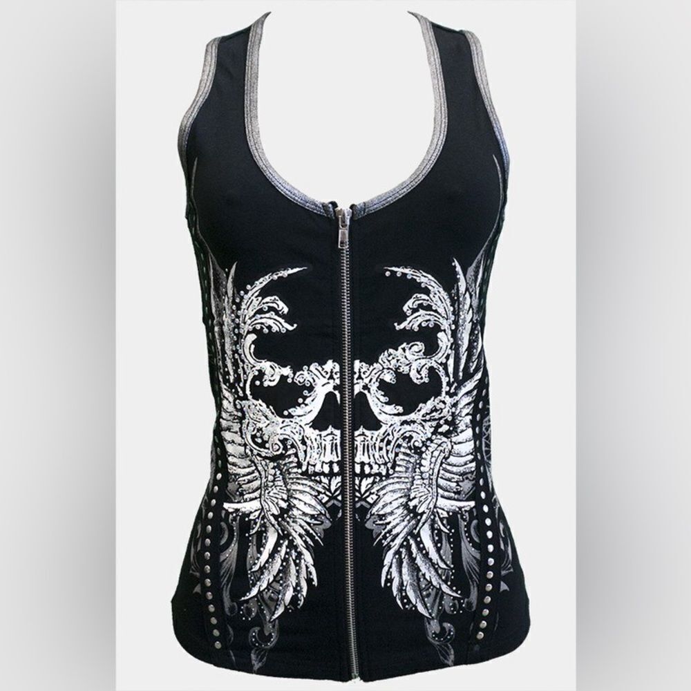 Skull Zip Up Silver Lined Vest Top